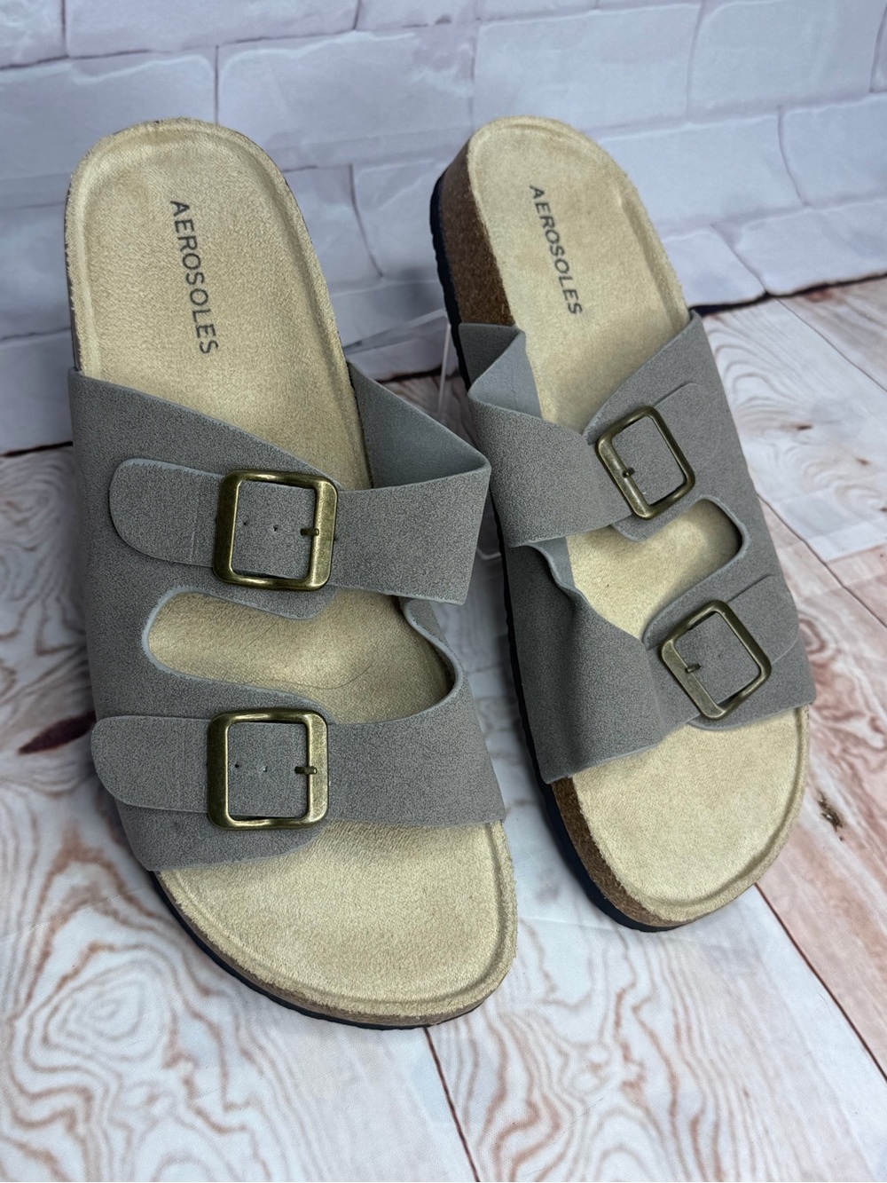 Aerosoles Double Buckle Slide Sandals Taupe Neutral Comfort Sandals Size 10